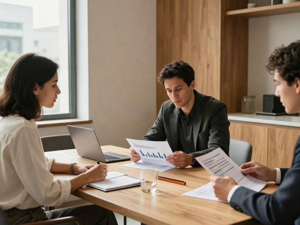 Consultants collaboratively reviewing business reports and analytical charts around a conference table